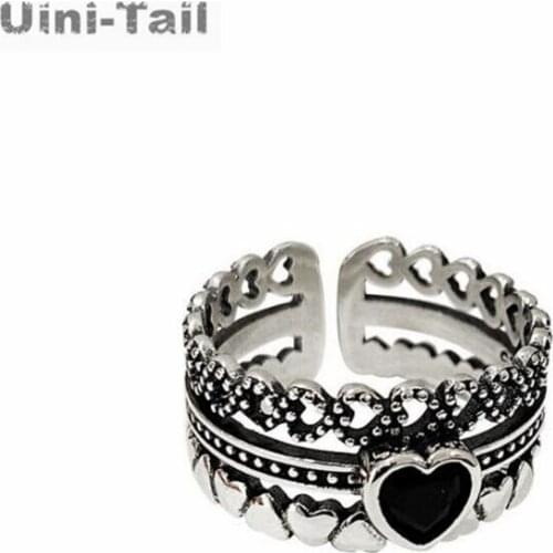 Uini-Tail new design hot sale 925 sterling silver black heart-shaped multi-layer open ring fashion trend retro combination ring