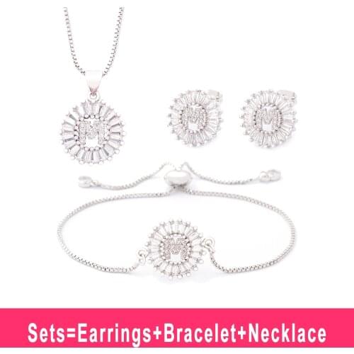 Fashion Personalize A-Z Letter Alphabet Necklace + Earrings + Bracelet Copper Zircon Initial Charms Jewelry Sets for Women Gift