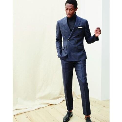 Latest Coat Pant Designs Navy Blue Double Breasted Men Suit Slim Fit Skinny 2 Piece Formal Custom Tuxedo Simple Terno Masculino