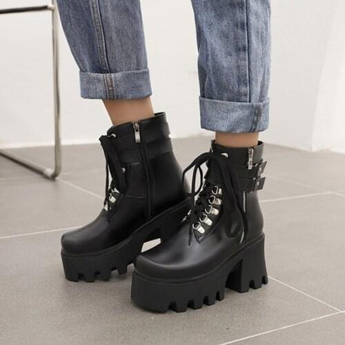 New Punk Gothic Women Boots Big Size 45 46 Chunky Heels Platform Goth Shoes Woman Zippers Buckle Strap Cross Tied Winter Booties