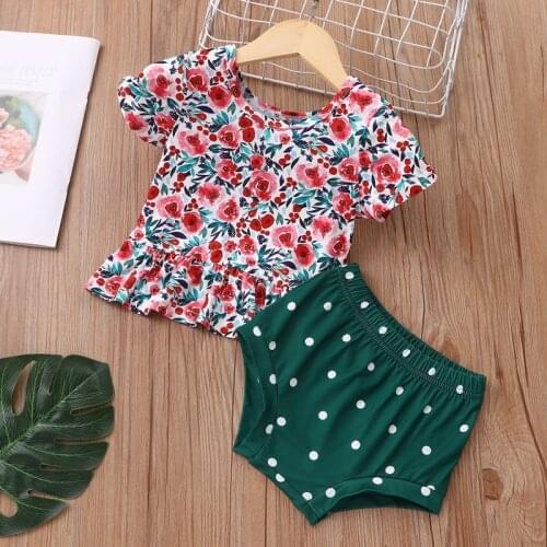 2021 New Baby Girl Clothes Set Baby Clothes 2 Pcs Sets Flower Print Short Sleeve Tops+dot Briefs Boho Summer Girls Clothes 0-18M