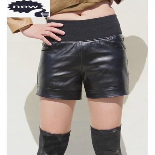 Top Quality Sheepskin Genuine Leather Shorts Pockets Elastic Mid Waist Straight Streetwear Pantalon Corto Mujer Plus Size 7XL