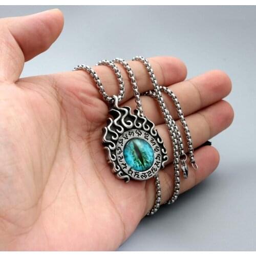 Blue Devil Eyes Pendant Necklace for Men Women Vintage Stainless Steel Flame Pendant Punk Hip Hop Jewelry Gift Dropshipping