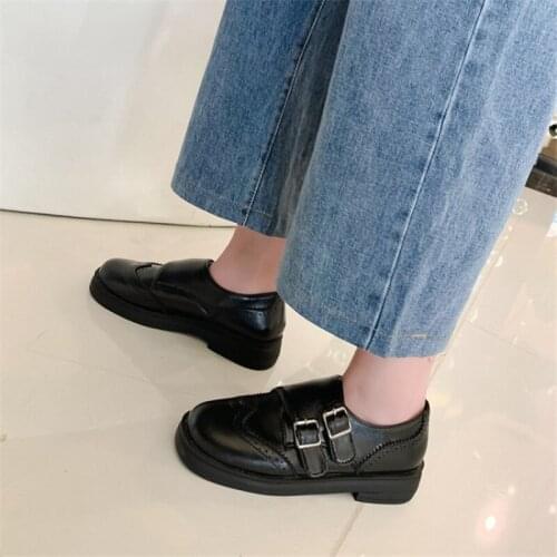 PXELENA 2020 Spring British Derby Shoes Woman Oxfords Buckle Retro Fretwork Wingtip Brogues Shoes Low Heels Casual Comfort Daily