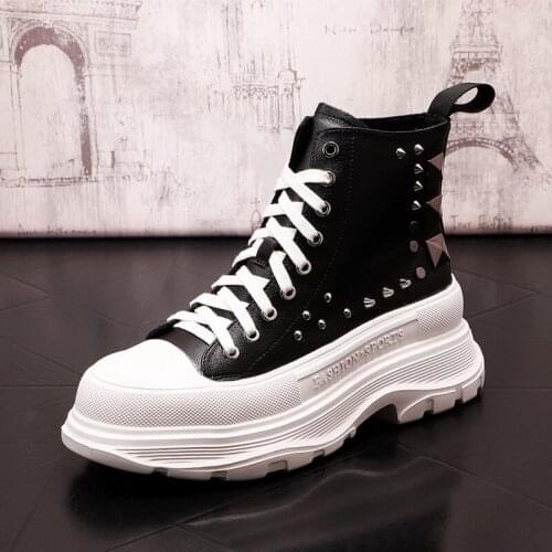 Luxury Mens White Casual Comfort Shoes Fashion Lace Up Rivets Charm High Top Male Trending Leisure Platform Zapatos Black ERRFC