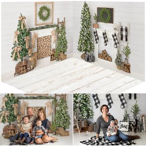 Christmas Living Room Background Decorations Winter Fireplace Socks Family Party Portrait Backdrop Christmas Tree Wreath Photo