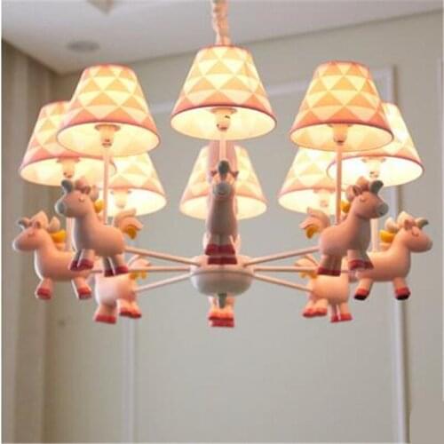 Modern Lovely Cartoon Pink/Blue Horse Princess E14 Pendant Light for Kids' Room Bedroom Kindgarten 3/5/8 Heads Drop Lamp 1683