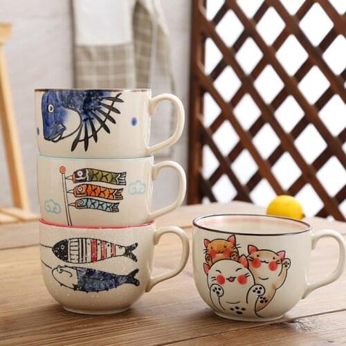 Japanese Ceramic Coffee Mug Cat Fish Tumbler Tea Cup Porcelain Iced Coffee Cups Cute Dessert Cups Bone China Tea Sets 500ml