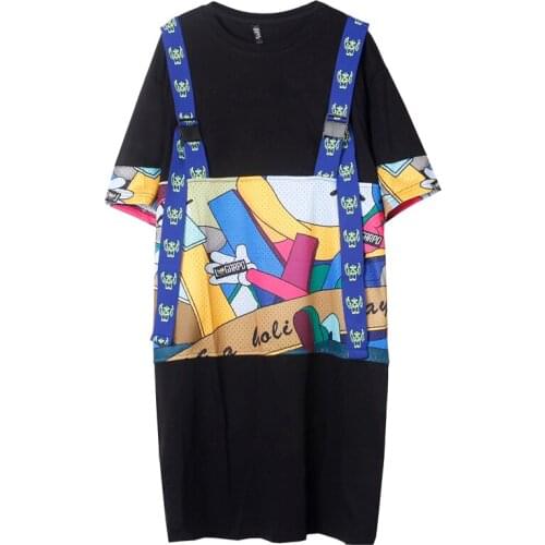 European Summer New Loose Strap Design Cartoon Pattern Hip-hop Short-sleeved T-shirts Women Tops Fashion Streetwear 2021