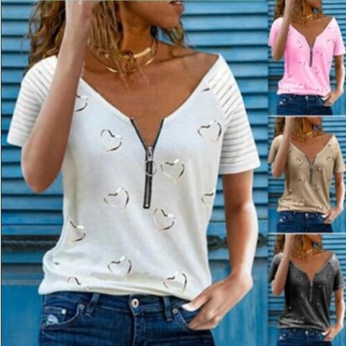 Womens Printed T Shirt V Neck Zipper Casual Loose Short Sleeve Top Summer Fashion Sexy Plus Size Clothing