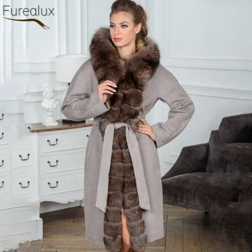 FUREALUX Real Wool Coat With Natural Long Fox Fur Collar Fashionista Autumn Winter Womens Warm Clothing With Hood 2021 New