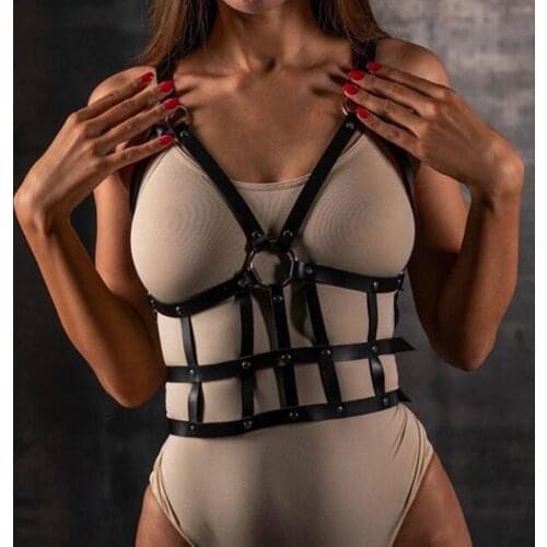 Goth Harness Bra Women Leather Sword Belt Body Bondage Chest Straps Erotic Fetish Cage Bra Garter Belt Suspenders Sexy Lingerie