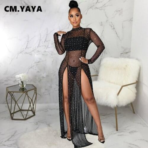 CM.YAYA Women Long Dress Solid Mesh See-through Full Sleeve O-neck Stretchy High Slited Maxi Dresses Sexy Vestidos Autumn 2021