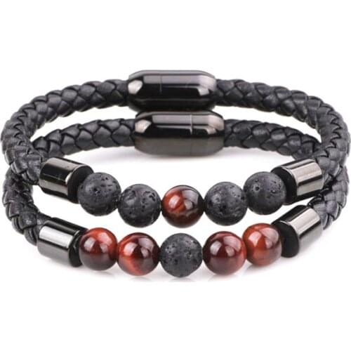 New Fashion Jewelry Men Bracelet Natural Stone Stainless Steel Magnet Genuine Leather Bracelet Men Women