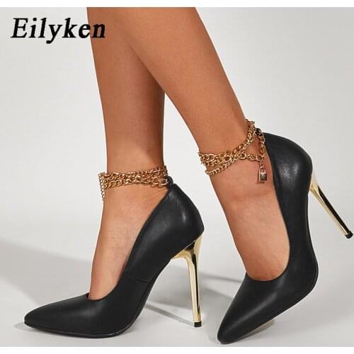 Eilyken 2021 Spring New Wedding Women Pumps Shoes Fashion Metal Chain Strap Sexy Ladies Pointed Toe Dress Thin High Heels Shoes