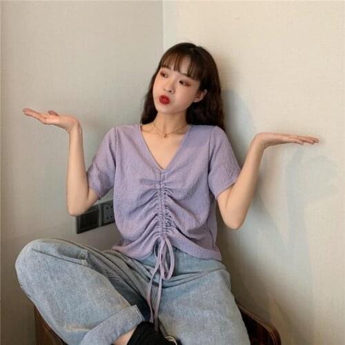 JuneLove women new loose short paragraph ride short-sleeved T-shirt female summer drawstring fold purple casual plus size tops