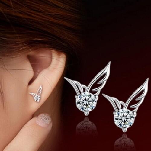 Lady Bride Korea Fashion Jewelry Angel Wings Crystal Ear Stud Earrings Exquisite Women Fashion Earrings