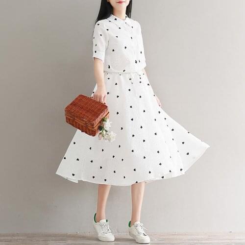 Literature Preppy Style Slim Women Summer Dresses A-line Square Collar Cotton Short Sleeve Heart Printed High Waist Belted Dress