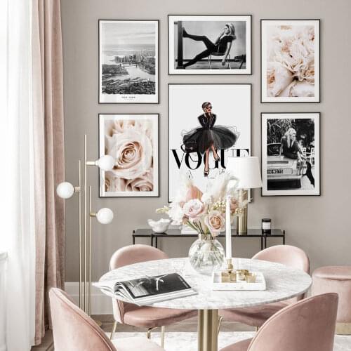 Fashion Girl Poster Black Whtie Canvas Wall Art Print Nordic Pink Flowers Painting Modern Style Decoration Picture