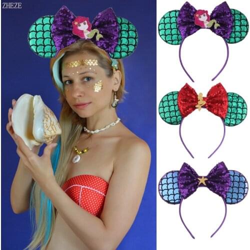 6pcs Chic 3.3'' Green Mermaid Ears Hairband Glitter 2020 Summer DIY Girls Kids Sequin Bow Headbands DIY Hair Accessories