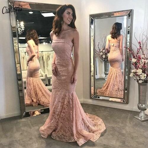Charming Strapless Full Lace Long Mermaid Evening Dress Sleeveless Open Back Appliques Pleat Formal Evening Party Gown