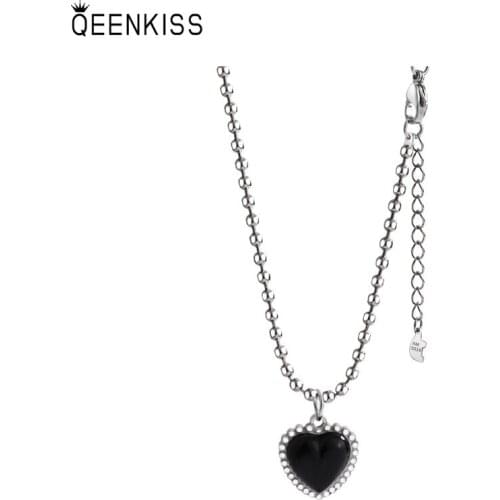 QEENKISS NC720 Fine Jewelry Wholesale Fashion Woman Girl Birthday Wedding Gift Retro Black Heart AAA Zircon Pendant Necklace