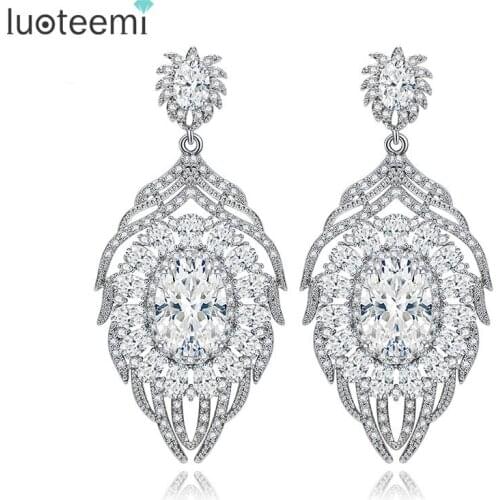 LUOTEEMI Luxury CZ Vintage Embellished Bridal Clear Cubic Zircon Feather Design Heavy Stud Earring For Womens Wedding Jewelry