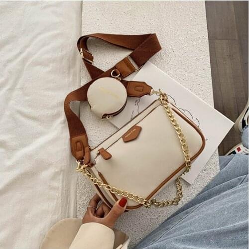 Vintage Women Shoulder Bag Luxury Designer Wide Strap Crossbody Messenger Bag Chain Sling Bag PU Leather Ladies 3 Bag Set Wallet
