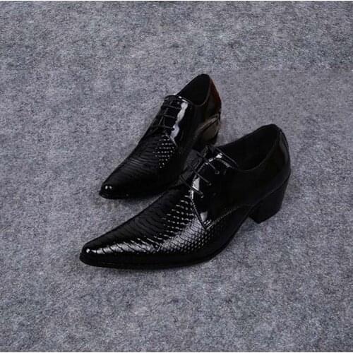 New mens genuine leather business dress shoes men pointed toe lace up high heel snake suit wedding shoes high quality work shoes