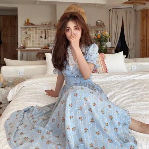 Vintage Floral Dress Women 2021 Elegant Lace Chiffon Korean Party Dress Puff Sleeve V Neck Midi Dress Fall Dresses Women 281H