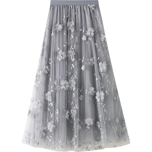 Women Skirt Long Tulle Skirt Elegant Fashion Casual High Waist 3D Flower Embroidery Solid Color Midi Swing Skirt For Women