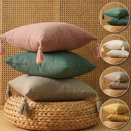 45x45cm Solid Plain Linen Cotton Cushion Cover with Tassels Yellow Beige Home Decor Pillow Case Sofa Throw Pillow