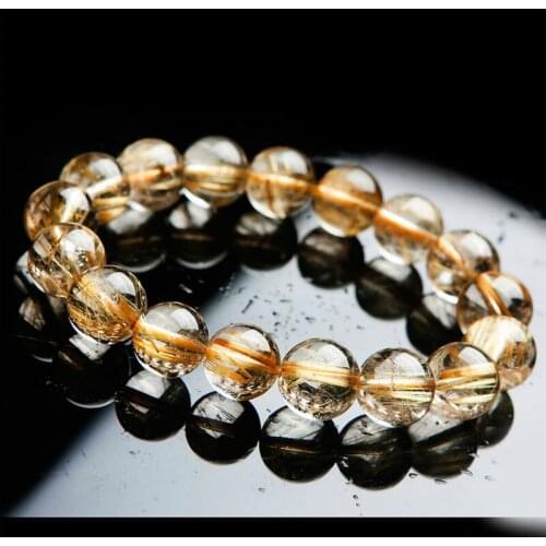 13mm Women Men Stretch Bracelets Brazilian Genuine Natural Titanium Gold Rutilated Quartz Crystal Round Bead Bracelet Just One