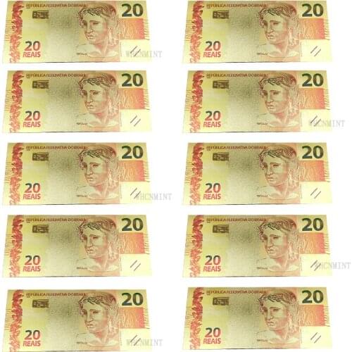 10PCS Brazil Banknote 20 Reyals Gold Foiled Platsic Banknote Crafts Gold Plated Replica Money Collection Souvenirs Drop Shipping