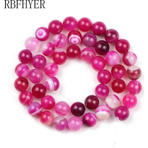 Rose-Red Stripes Agates beads Round Natural Stone Onyx 4 6 8 10 12mm Spacer loose beads for Jewelry Bracelet Necklace making DIY