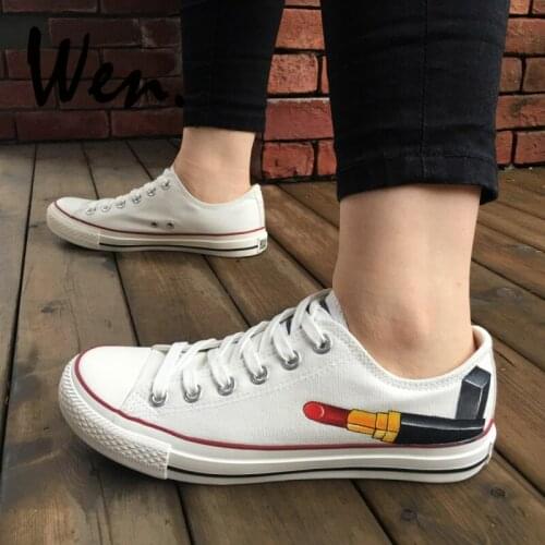 Wen Hand Painted Shoes Original Design Custom Red Lipstick Men Womens Gifts Low Top White Canvas Sneakers Lace up Plimsolls