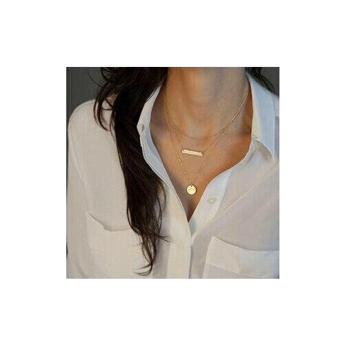 Hot Unique Fashion Gold Color Bar Coin Geometric Lariat Necklaces Long Strip Multilayer 3 Layers Chain Pendants Necklaces Women