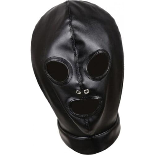 Unisex Adult Black Faux Leather Hood Mask Lace Up Full Head Face Cover Toys