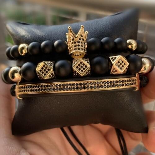 Classic Royal Crown Men Bracelet Sets 2020 Trendy Pave Cubic Zirconia Stone Beaded Charm Bracelet For Men Women Jewelry Gift