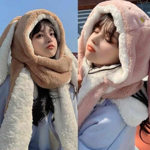 N7MF Rabbit Ears Plush Hoodies Warm Windproof Neck Scarf and Gloves Sweet Set Women
