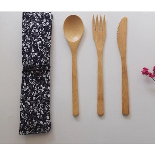 Natural Wooden Tableware Spoon Fork Knife Bamboo Flatware Household Cutlery Bag Sets Reusable Outdoor Picnic Mandatory Tools