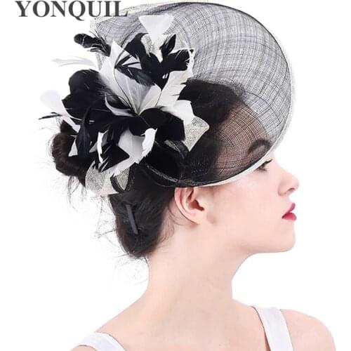 Fancy Party Fascinator Hair Clips Sinamay Flower Headdress Black And Ivory Mix Color Bride Wedding Flower Hat For 2020 New Women
