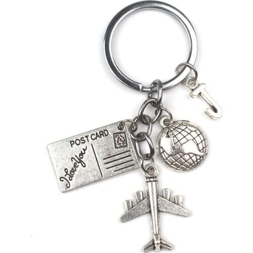 New (A-Z) Letter Personality Custom Postcard Airplane Keychain Earth Pendant Travel Key Chain Friendship Jewelry Gift Keyring