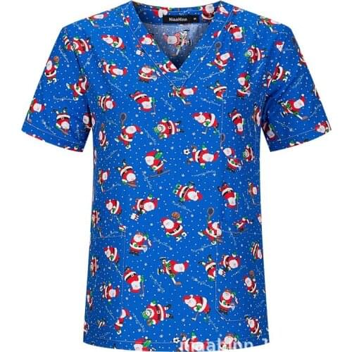 New nurse uniform tops Women Short Sleeve V-neck Working Uniform Christmas print Blouse women clothing uniformes de enfermería