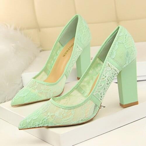 New women sexy party pumps high heel wedding pointed toe shoes lace thin heels shallow black red pink summer lady female shoes