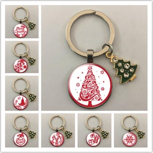 New Christmas Gift Red Christmas Tree Snowflake Reindeer Dome Glass Glass Cabochon Keychain Ornament Gift