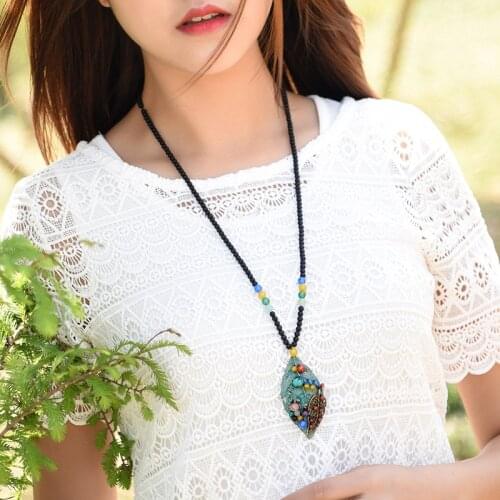 Handmade braided vintage necklace bronze LEAF women matt stones beads jewelry,New ethnic necklace nature stones sweater necklace