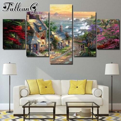 FULLCANG Seaside village scenery 5 piece diy diamond painting full square round drill mosaic embroidery sale decoration FC3051