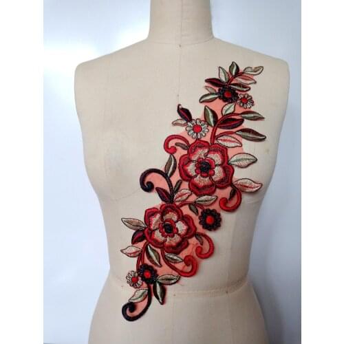 Sew on multicolored lace applique trim red/green Water - soluble embroidery lace 42*14cm for dress accessory