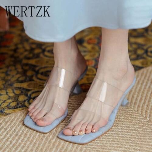 Transparent Pvc Thin Heels Slippers Women 2021 Summer Square Toe Party Shoes Woman Stiletto Heeled Slip on Sandals Ladies
